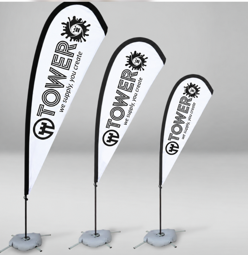 DISPLAY + IMPRESION EN TELA FLYING BANNER LAGRIMA S DE 2.45 MT CON BASE CRUZ Y FLOTADOR ( GRAFICA DE 75 X 194 )