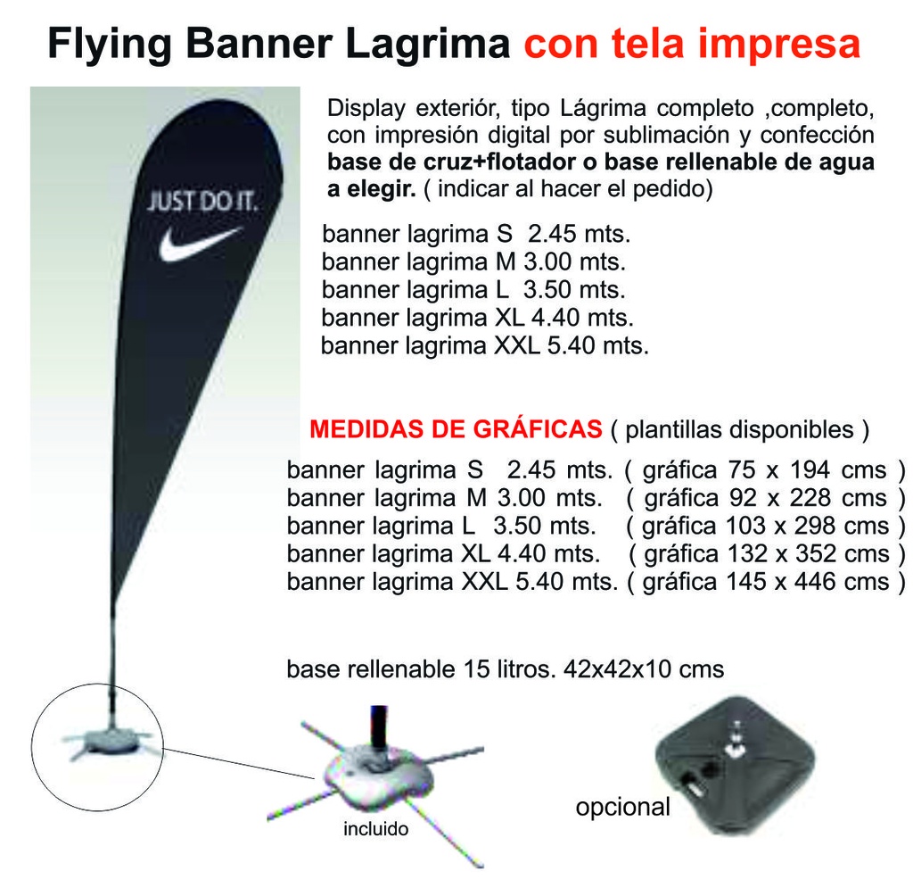 DISPLAY + IMPRESION EN TELA FLYING BANNER LAGRIMA XXL DE 5.4 CON BASE CRUZ Y FLOTADOR ( GRAFICA DE 4.46 MTS )