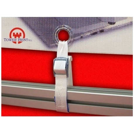 [29CINCHA25] CINCHA BLANCA DE POLIESTER PARA LONAS CON HEBILLA 25 MM X 60CMS. 25 UND