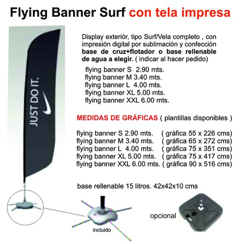 [ADVVELM/IMPR] DISPLAY + IMPRESION EN TELA FLYING BANNER VELA/SURF M DE 3.40 MT CON BASE CRUZ Y FLOTADOR ( GRAFICA DE 2.66 mt )